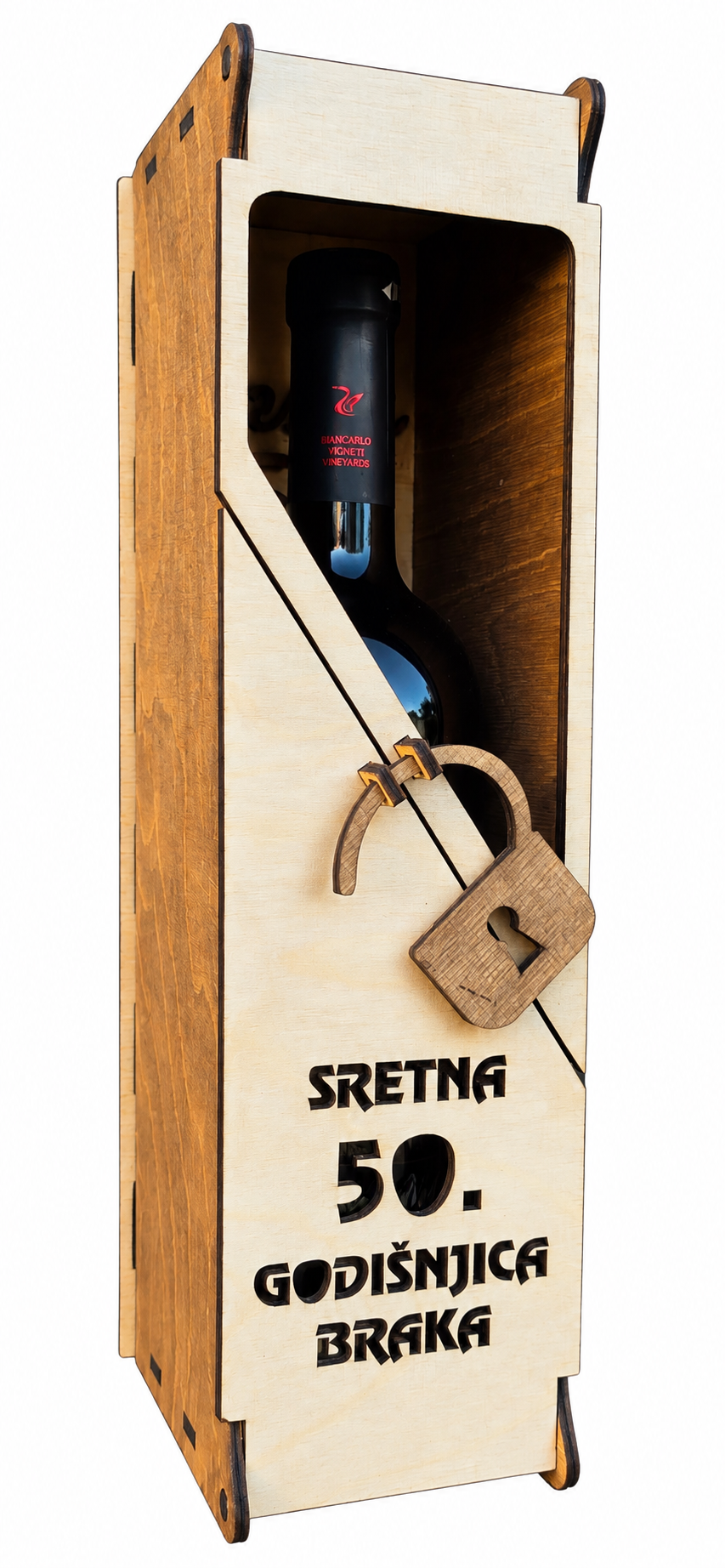 Personalizirana drvena kutija za vino s lokotom – poklon za godišnjicu